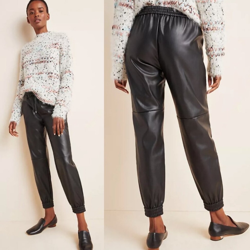By Anthropologie Sakara Faux Leather‎ Joggers L Black Elastic Tie Waist Grunge